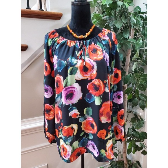 Womens Black Floral Polyester Long Sleeve Round Neck Drawstring Blouse 18/20W - Picture 1 of 14